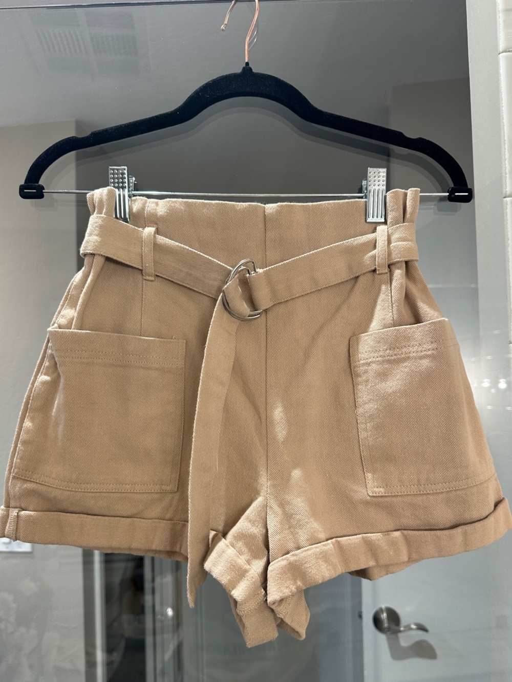 High-Rise Tan Paperbag Belted Women’s Shorts